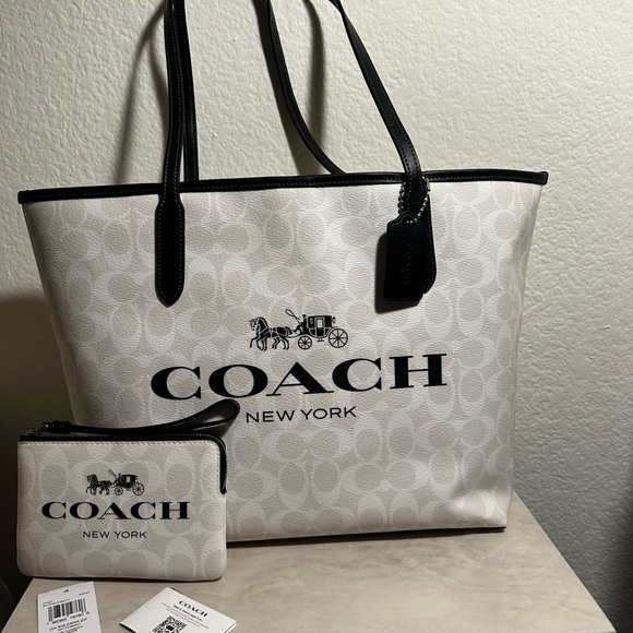 Authentic Coach White and Black Large Tote Bag with a Matching Zip Wristle